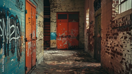 a hallway with red doors and graffiti