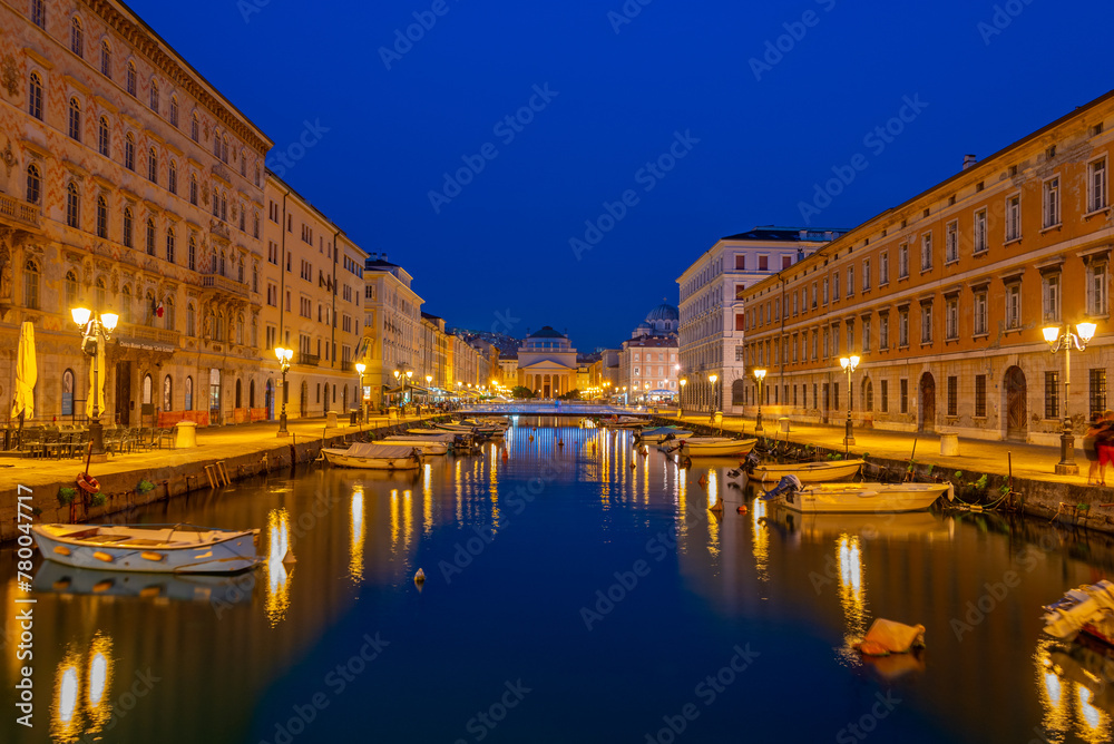 Night view of the Church of Sant'Antonio Nuovo at the end of Canal Grande in Italian city Trieste