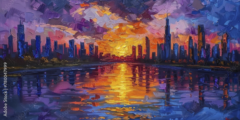A mesmerizing cityscape at dusk, its vibrant hues reflected in the serene river, captured beautifully with oil paints.
