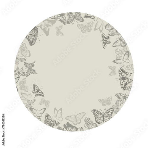 Background round frame with vintage beige butterflies. hand drawing. Not AI, Vector illustration.