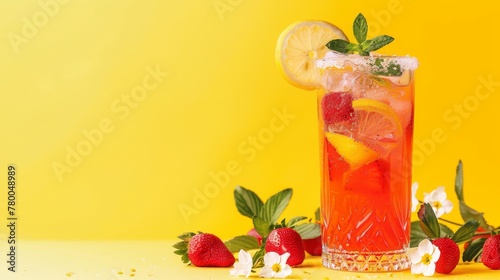 A refreshing tall glass of homemade lemonade garnished with fresh strawberries and lemon slices, set against a vibrant yellow backdrop, ideal for enjoying on a scorching summer day