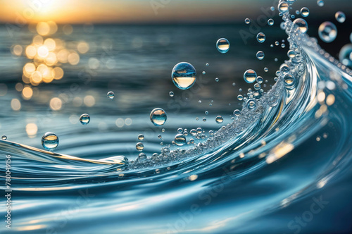 A splash on the surface of the water in the ocean at sunset. Small bubbles are visible all over the surface of the water.