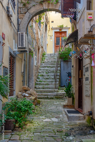 Colorful street in the center of Slovenian town Piran