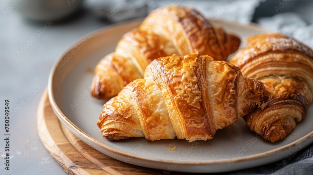 Golden flaky croissants served for a delicious French breakfast treat on a plate