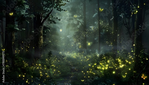 a forest with fireflies in the air