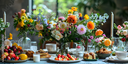 A beautifully decorated brunch table with flowers, creating an elegant and stylish atmosphere perfect for socializing or celebrating special occasions.