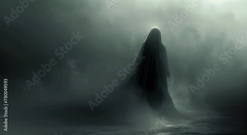A dark figure standing in a foggy landscape. photo
