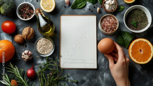 An infographic showing the ketogenic diet on a light table with dietary food and a notepad. photo