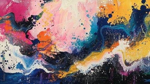A painting of a colorful sky with splatters of paint. The painting is abstract and has a sense of movement and energy