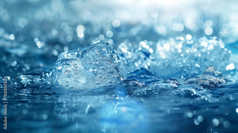 Close-up of an ice cube floating in clear water with bubbles, perfect for summer-themed designs. High-quality stock photo featuring a single ice cube in water with bubbles. Close-up of an ice cube floating in clear water with bubbles, perfect for summer-themed designs. High-quality stock photo featuring a single ice cube in water with bubbles.
