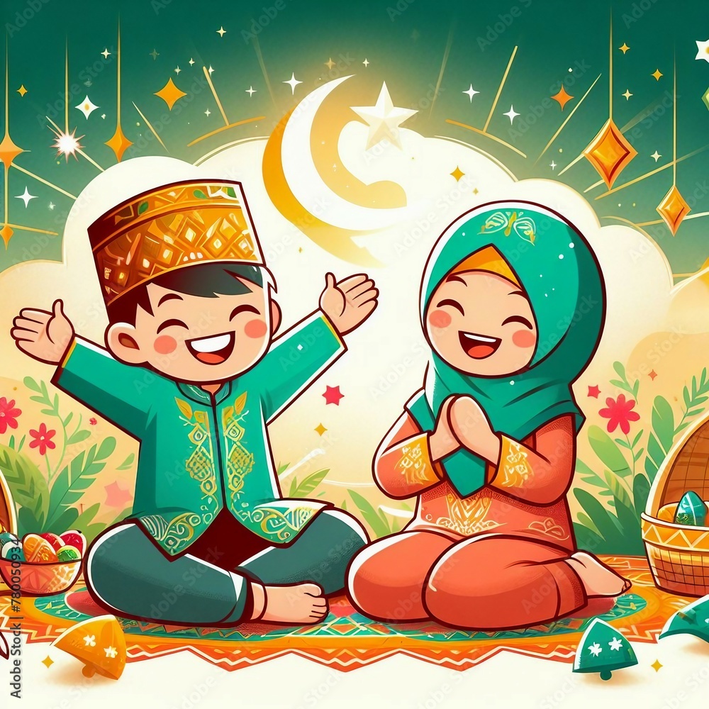 Naklejka premium Eid al-Fitr Festive Poster: Joyful Characters in Traditional Eid ul-Fitr Attire