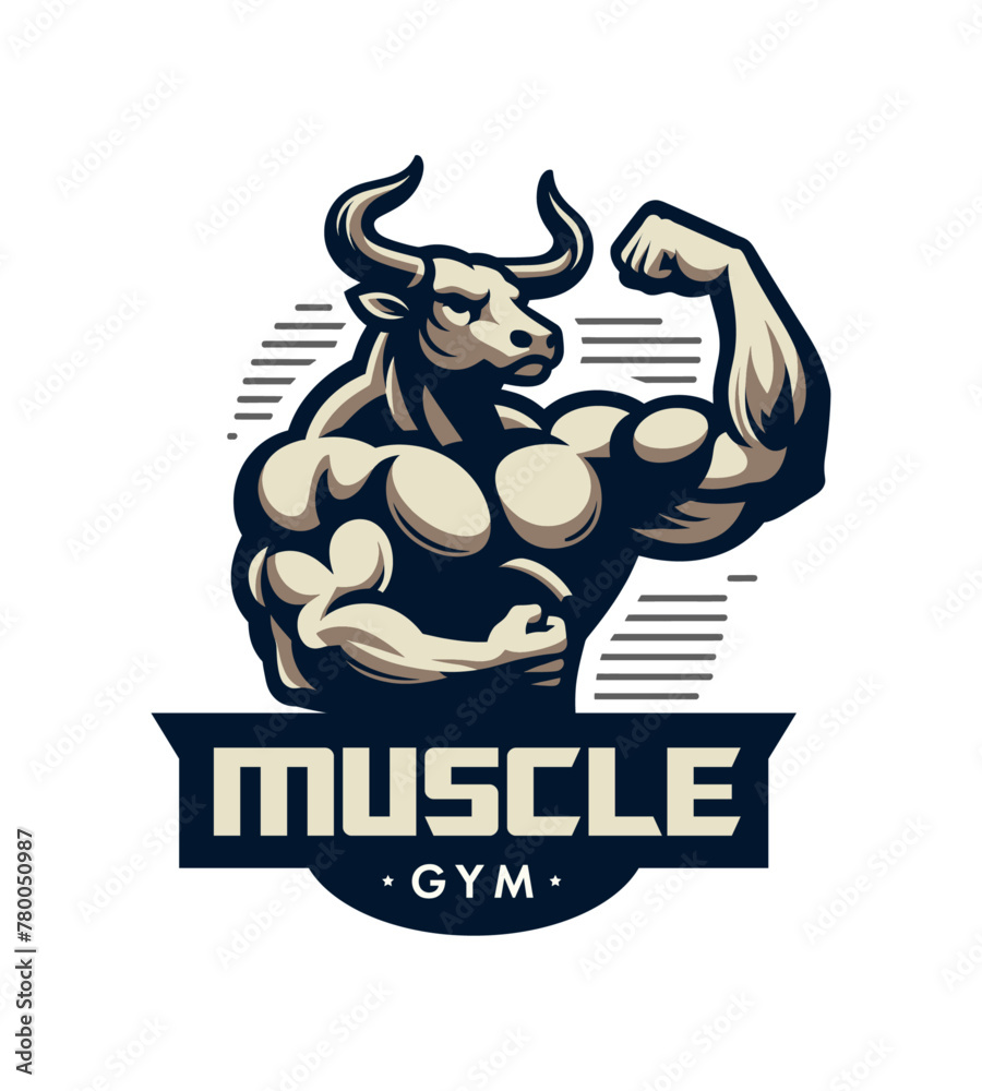 Fototapeta premium Shredded bull bodybuilder flexing muscles sports logo mascot