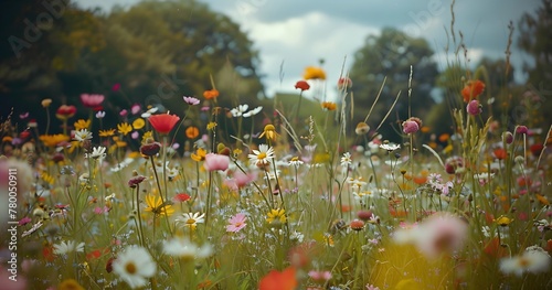 a field of flowers with trees in the background photo