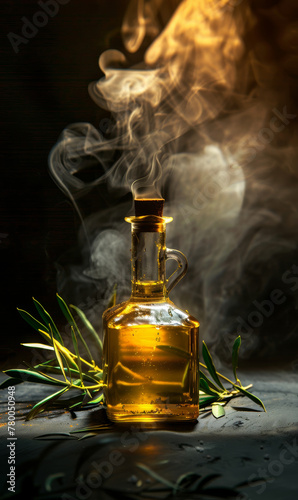 Glass bottle of herb-infused oil with smoke rising behind. © Jan