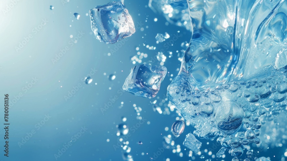 Slow Motion Water Splash Against Blue Background for Water, Purity, and Refreshment Concepts. This close-up shot captures a mesmerizing water splash on a vibrant blue backdrop.