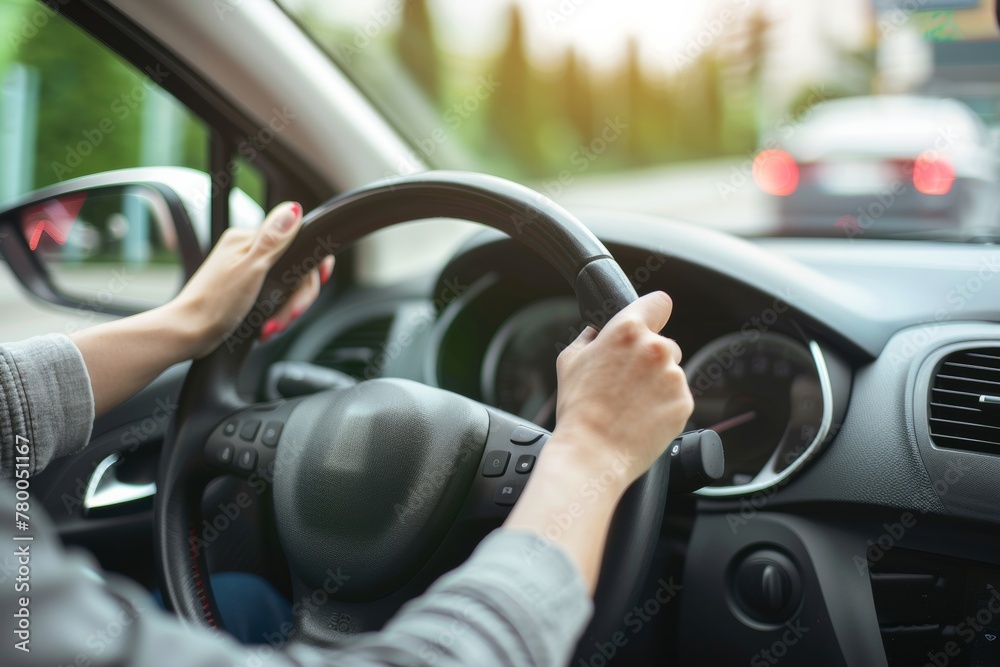Woman's hands on vehicle steering wheel: focused shot capturing female driver's control.