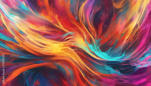 A colorful painting with a lot of different colors and brush strokes. The painting has a lot of energy and movement, and it seems to be a representation of fire. The colors are bright and vibrant