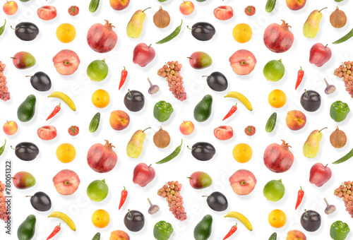 Seamless pattern bright appetizing fruits and vegetables with light shadow