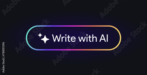 Write with AI button. Rewrite artificial intelligence toggle pushbutton. Generate tool sign. Magic stars logo. Machine learning text generator. Chatbot assistant. UI design. Vector illustration.  photo