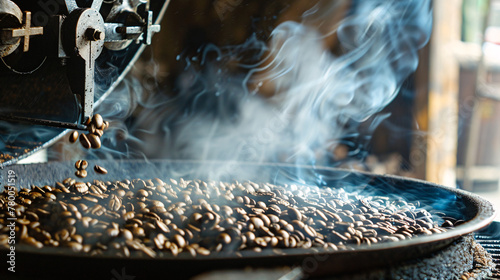 Coffee Roasting Process  Beans and Aromatic Smoke  Fresh Roast  Coffee Beans in Warm Light