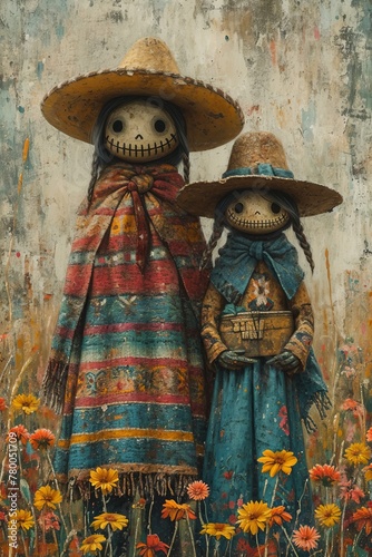 Colorful family of skeletons dressed in traditional outfits celebrating the Mexican Day of the Dead  D  a de Muertos . The group stands against an autumnal backdrop with pumpkins