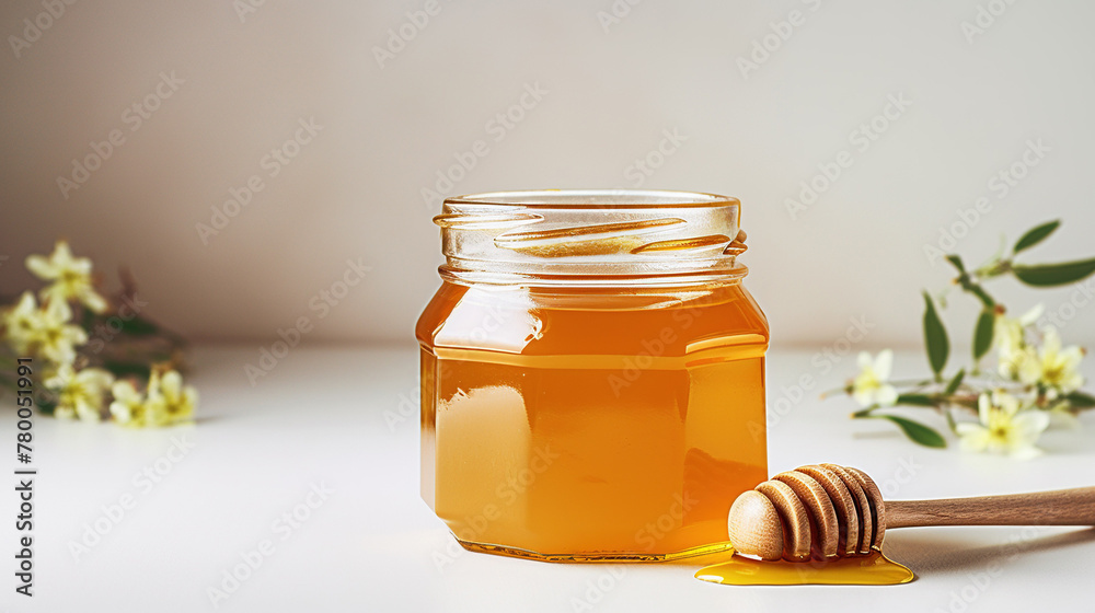 Amber Honey Jar with Wooden Dipper on White Background, Organic Sweetener. A charming scene with a small glass jar of golden honey and a wooden dipper on a white surface. Amber Honey Jar with Wooden Dipper on White Background, Organic Sweetener. A charming scene with a small glass jar of golden honey and a wooden dipper on a white surface.