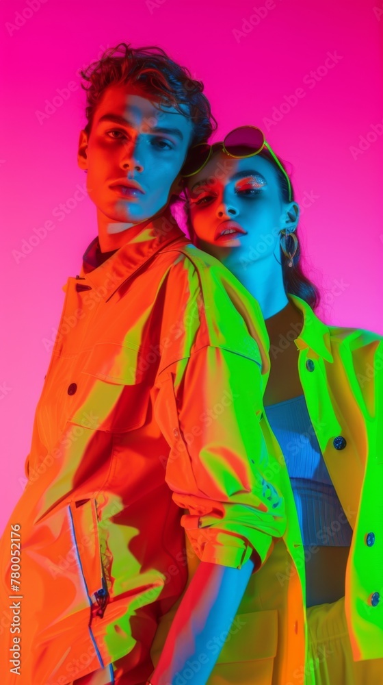 Stylish young couple in trendy outfits on pink background. Ideal for fashion and lifestyle content. Young man and woman in fashionable clothing standing together against a bright pink background. Stylish young couple in trendy outfits on pink background. Ideal for fashion and lifestyle content. Young man and woman in fashionable clothing standing together against a bright pink background.
