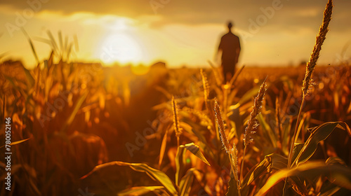 The silhouette of a solitary figure in a wheat field at sunset conveys a feeling of contemplation and connection to nature