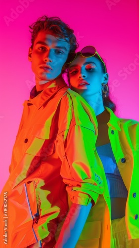 Stylish young couple in trendy outfits on pink background. Ideal for fashion and lifestyle content. Young man and woman in fashionable clothing standing together against a bright pink background. 