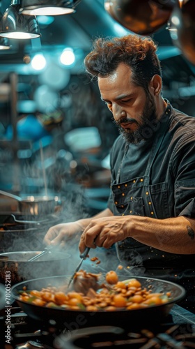 Man Cooking Food on Top of a Frying Pan