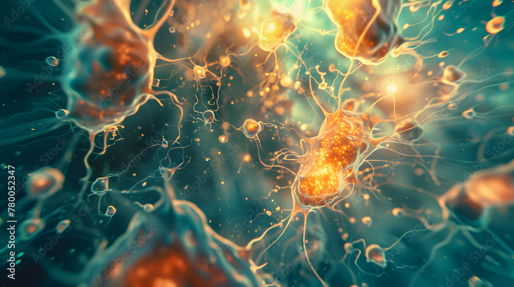 Obraz premium A colorful and dynamic depiction of microorganisms with glowing centers in a surreal, microscopic aquatic environment