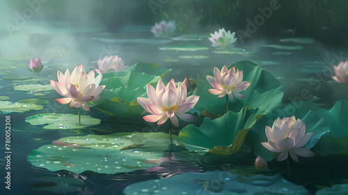 An enchanting illustration of water lilies nestled amidst shadowy waters, creating a magical and mysterious atmosphere