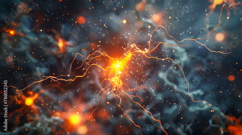 A bright central neural connection with tendrils extending outwards, surrounded by floating particles that simulate synaptic activity