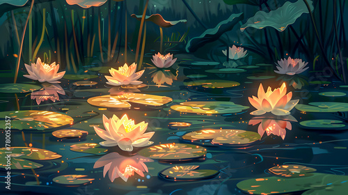 Digital art capturing the tranquil beauty of glowing water lilies resting upon a still  dark pond in the twilight