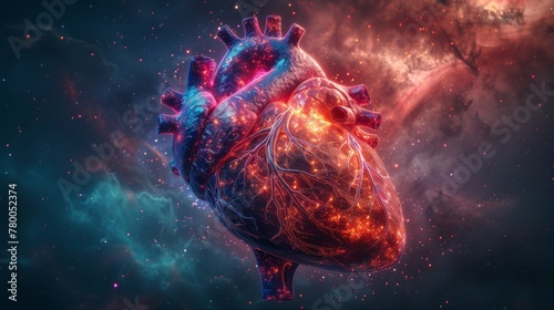 Heart and brain with a digital interface and a starry sky as a backdrop.