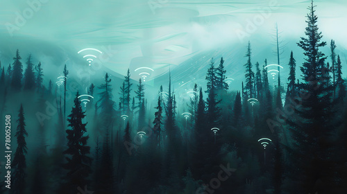 A digital artwork depicting a mystical forest with glowing Wi-Fi symbols floating in the foggy air, suggesting connectivity