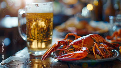 A glass of cold beer accompanied by a plate of delicious crayfish photo