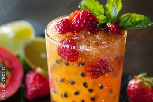 Colorful Drink With Oranges and Raspberries in a Glass