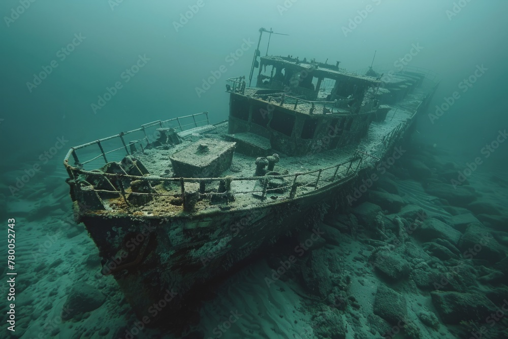 A shipwreck is seen in the ocean with a lot of debris and fish swimming around it. Scene is eerie and mysterious, as the ship is long gone and the ocean is filled with life A shipwreck is seen in the ocean with a lot of debris and fish swimming around it. Scene is eerie and mysterious, as the ship is long gone and the ocean is filled with life