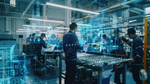 Engineers and Professionals Workers in Industry Manufacturing Factory that is Digitalized with Graphics into Connected Automated Machinery. Futuristic Technology.