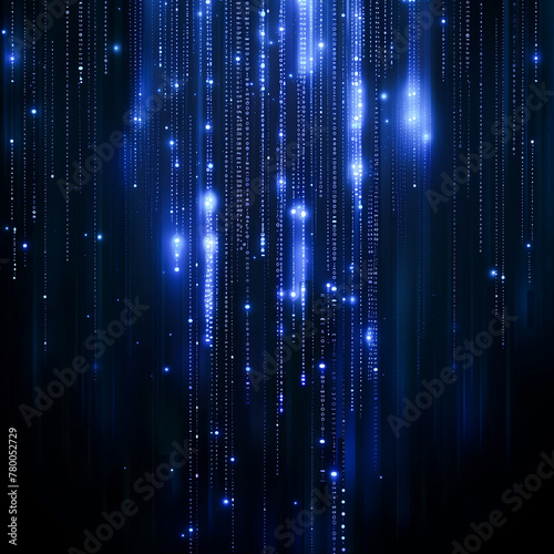 Abstract blue glowing binary code rain on a black background. Falling down vertical lines of numbers and characters with a glowing light effect.