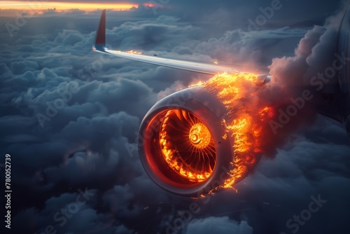 Artwork depicting burning jet engines on commercial aircraft wings, symbolizing plane crashes photo