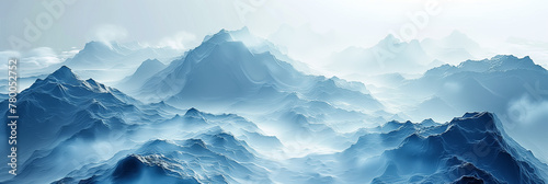 Aerial view of wavy mountain landscape with blue colors, light fog and soft lighting. Copy space for text.