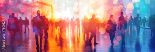 A colorful abstract banner background with blurred silhouettes of people. Blurred figures of men and women in the foreground with a bokeh effect in the style of digital art.