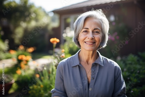 A senior woman with a radiant smile and wearing modernly posing in her garden in her backyard.