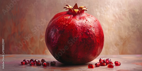 Fresh juicy pomegranate bright background design. Natural organic red fruit concept banner. Raster bitmap digital photo style illustration. AI artwork. photo