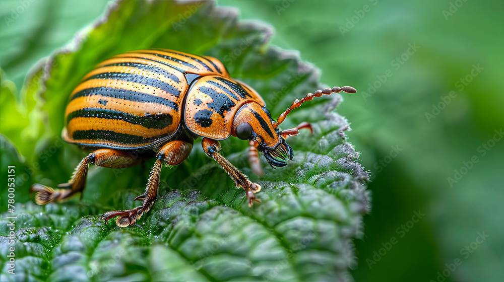 The Colorado potato beetle, acknowledged as a pest that infests potato plants, is observed resting on the leaves of a potato bush The Colorado potato beetle, acknowledged as a pest that infests potato plants, is observed resting on the leaves of a potato bush