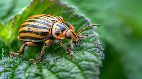 The Colorado potato beetle, acknowledged as a pest that infests potato plants, is observed resting on the leaves of a potato bush
