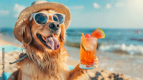 Beach holiday concept with dog in hat with cold cocktail on the beach