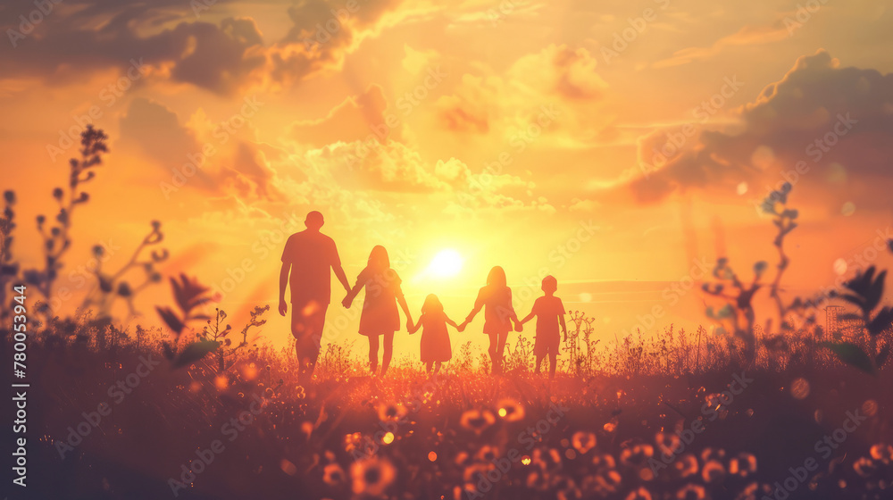 Parents, happy children go to sun. People walk in nature. Big family holding hands walk in park at sunset. Dad mom, son, daughter walk, walk together outdoors. Concept of happy family childhood dream - obrazy, fototapety, plakaty 